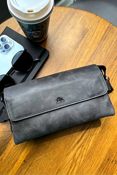 Noppa Hakiki Deri Unisex Çanta Fermuarlı Telefon Bölmeli Antrasit Deri El Çantası