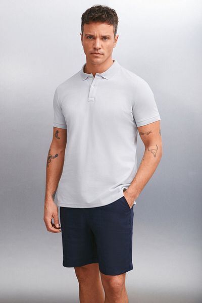 GRIMELANGE MARTEN pánské šedé bavlněné tričko Polo Neck Regular Fit s krátkým rukávem