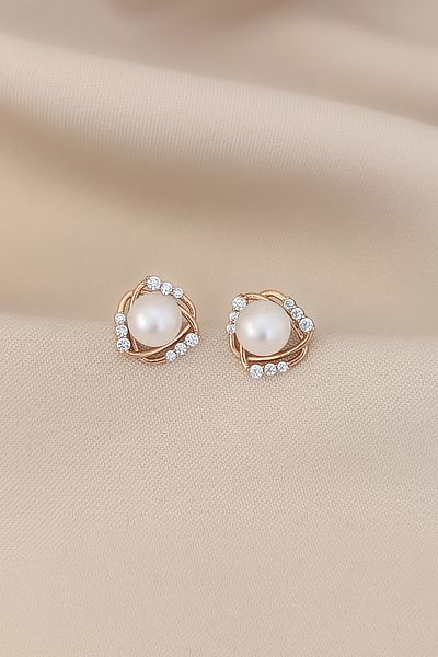 COSİTA Minimal Modern Pearl Flower Figured Zircon Earrings - Rose Color