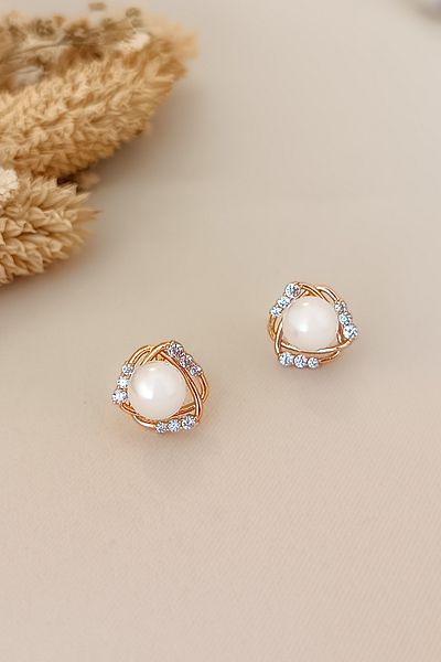 COSİTA Minimal Modern Pearl Flower Figured Zircon Earrings - Rose Color