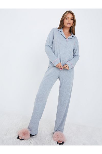 Styli Contrast Seam Slogan Button Through Shirt and Pyjama Set