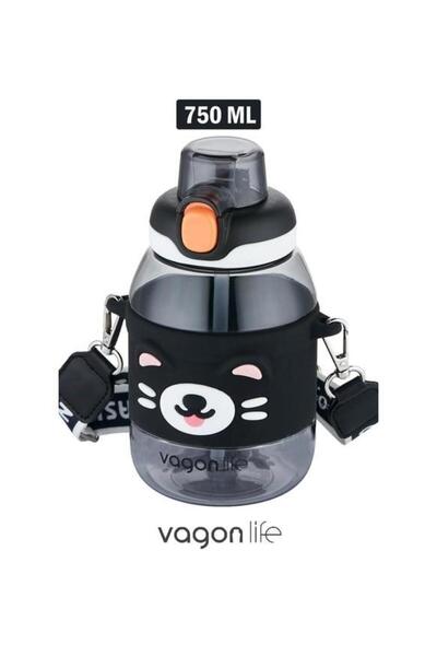 Vagonlife زجاجة مياه سوداء للأطفال سعة 750 مل - مع مصاصة