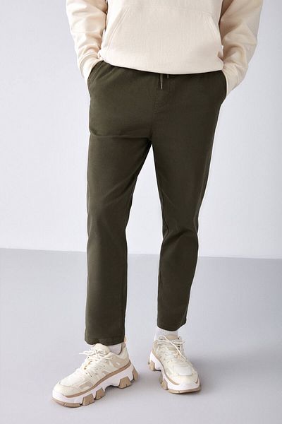 GRIMELANGE Reese Herren-Hose mit bequemer Passform und elastischem Bund aus gewebtem Baumwoll-Elastan-Gewebe in gewaschenem Khaki