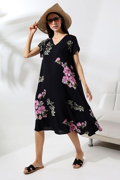 LİKAPA Plus Size Viscose Dress - V-neck, Short Sleeve, Summer 2688
