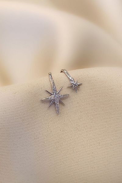 COSİTA Double North Star Zircon Stone Row Compression Cartilage Silver Color Earrings