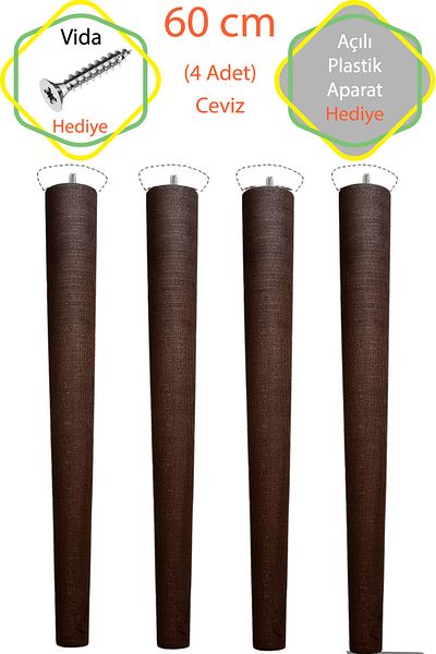 Evnalia Nuc 4 bucăți de lux 60 cm picior de masă conic din lemn diametru: 4,2 cm Hobby DIY (CU ȘURUBURI ȘI APELARI)