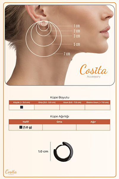 COSİTA İkili Klasik Basic Kalın Kenar Unisex Siyah Renk Klips Çelik Küpe