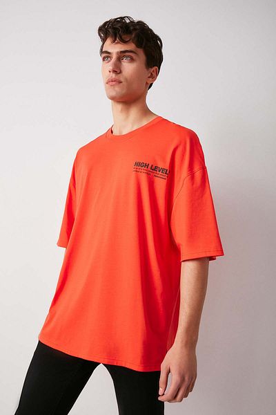 GRIMELANGE Hıgh Men's Oversize Fit 100% Cotton Thick Textured Printed Red T-shirt