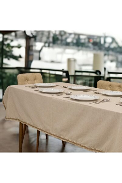 NDC HOME Beige Cotton Linen Jute Lace Tablecloth