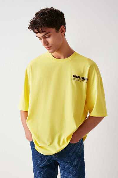 GRIMELANGE Hıgh Men's Oversize Fit 100% Cotton Thick Textured Printed Yellow T-shirt