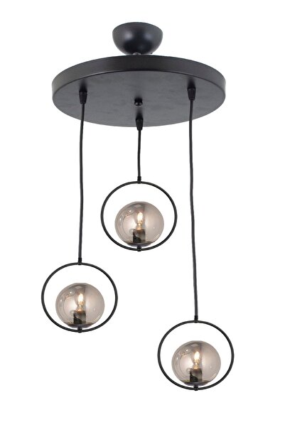Lambadar Modern Füme Glop Camlı Daire Model Üçlü Siyah Sarkıt Avize