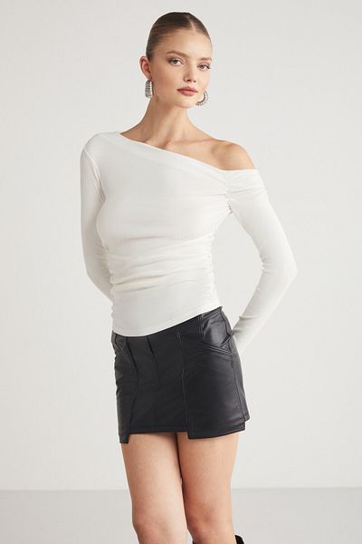 GRIMELANGE Women's Organic Cotton Asymmetrical Neck Lycra Flexible Fabric Ecru Blouse