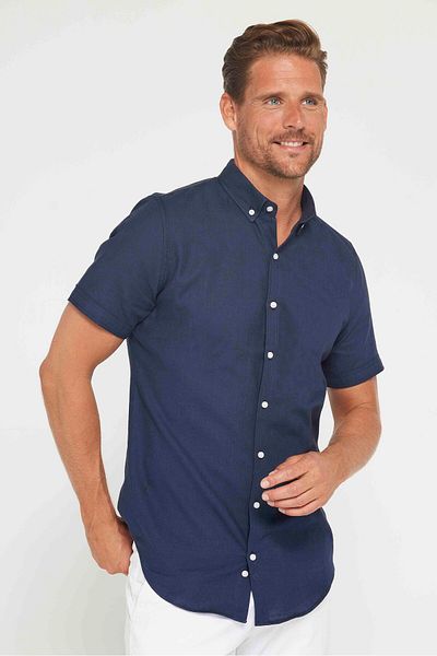 Tudors Slim Fit férfi karcsúsított, rövid ujjú, 100% pamutvászon textúrájú, gombos galléros sötétkék ing