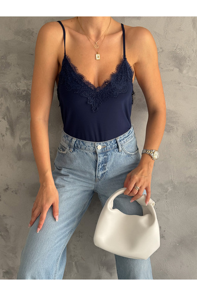 ladyzey Γυναικεία μπλούζα Navy Blue Lace - Ρυθμιζόμενο λουράκι από σχοινί