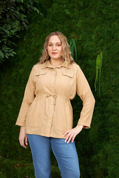 RMG Linen Large Size Jacket - Waist Lace Detailed