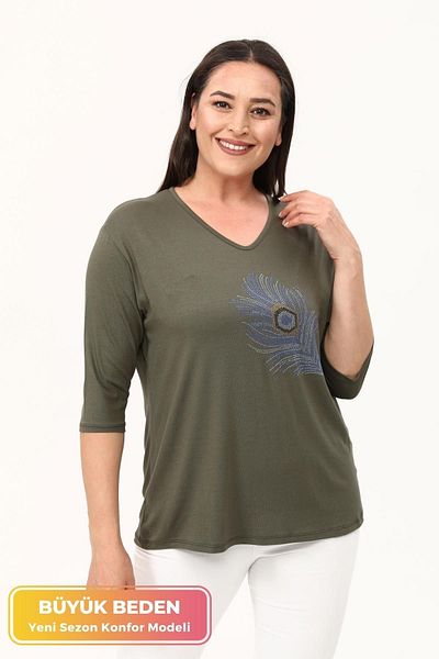 tarzımsüper Large Size New Season Casual Comfort Model Peacock Feather Pattern Stone Embroidered Mother Stylish 4 Seasons Blouse