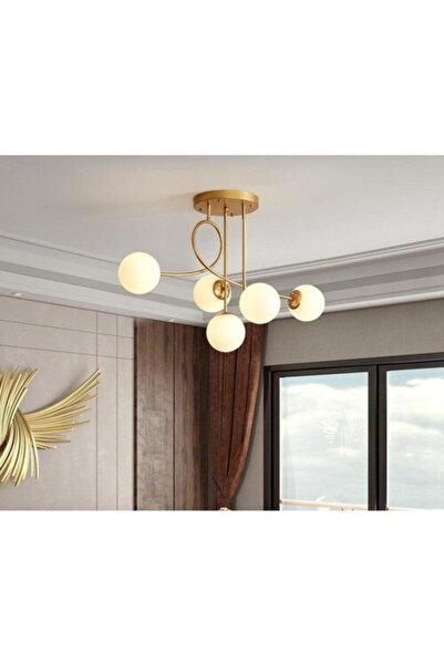 Lambadar Pare Model Modern Spor Gold 5 Li Glop Beyaz Camlı Avize