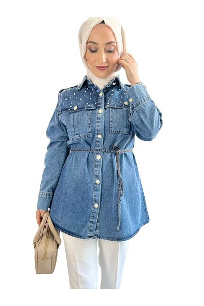 MODAMERSİ Cămașă Hijab din denim pentru femei cu perle albastre și piatră