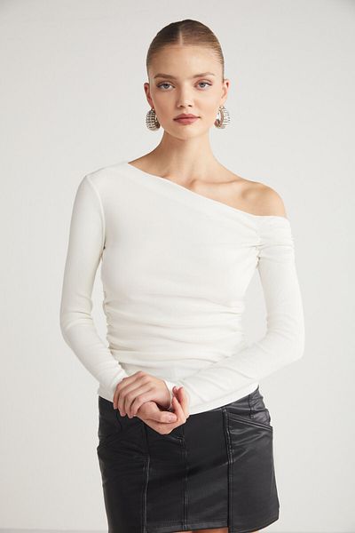 GRIMELANGE Women's Organic Cotton Asymmetrical Neck Lycra Flexible Fabric Ecru Blouse