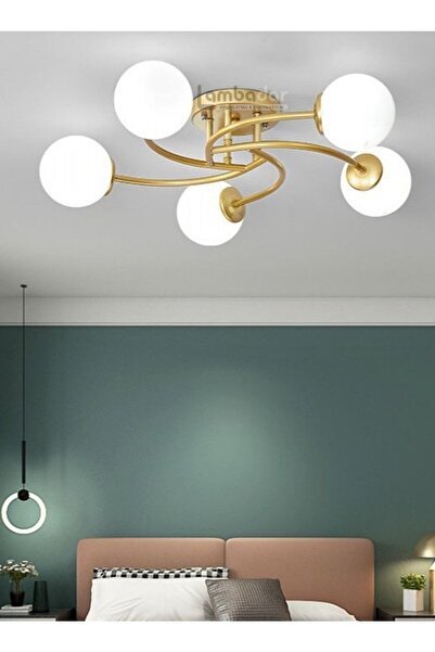Lambadar Luxury Model Plafonyer Beşli Gold Modern Beyaz Camlı Avize