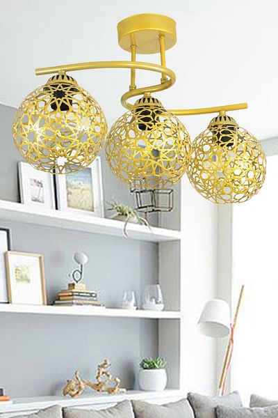 Lambadar Plafonier Modern S Model Gold Chandelier with Seljuk Motif