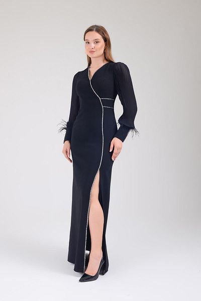 SpringStore Rochie de seara din sifon negru cu croiala creponata