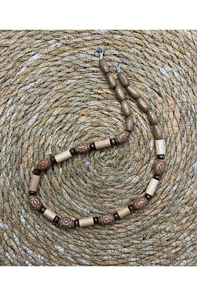 Bohem Shop Bohemian Patterned Wooden Bead Natural Ethnic Patterned Beaded Necklace Design Hippie Style Necklace