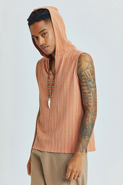 Clandestino Етнічна чоловіча сорочка з капюшоном і без рукавів, світло-коричнева