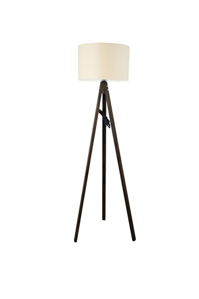 Lambadar Rustik Ahşap 3 Ayak Koyu Kahverengi Tripod Lambader Yeşil Slindir Şapka