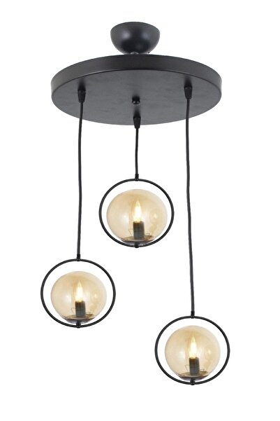 Lambadar Modern Bal Glop Camlı Daire Model Üçlü Siyah Sarkıt Avize