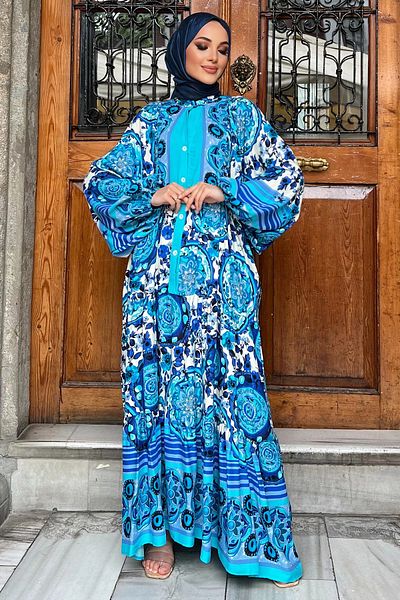 julude Rochie Hijab cu Motiv Vâscoză - Albastru, Nasturi în față