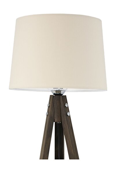 Lambadar Rustik Ahşap 3 Ayak Koyu Kahverengi Tripod Lambader Krem Konik Şapka