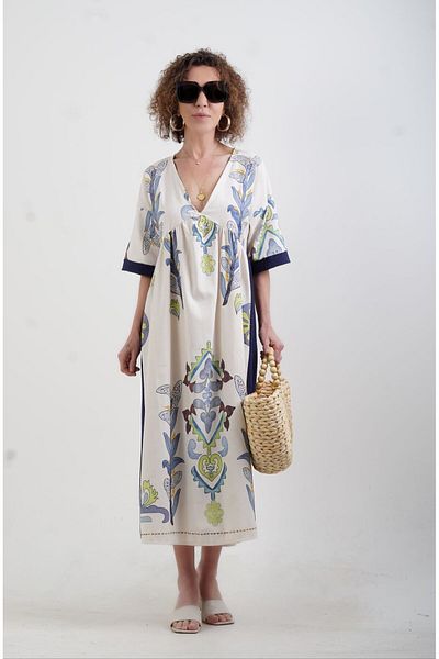 Zelish My Sister Linen Blended Navy Blue Dress - Panel Pattern