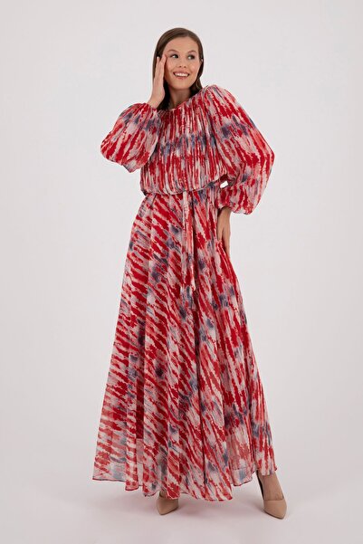 ŞEYDA ERTEM Φόρεμα με μπλε ναυτικό σχέδιο και κόκκινο χρώμα - Μακρύ μανίκι κα...