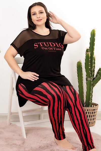 Jenny Daphne Σετ πιτζάμες βισκόζης Plus Size - Λεπτομέρεια δαντέλας, γιακάς, κοντό μανίκι, μακρύ 10957