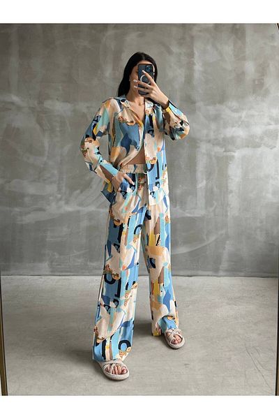bymaestro woman Patterned Printed Women's Shirt and Trousers Set