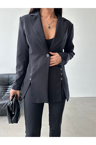 Female Clothing بدلة بليزر مبطنة بأزرار سوداء وبنطلون مرن بأرجل أنبوبية