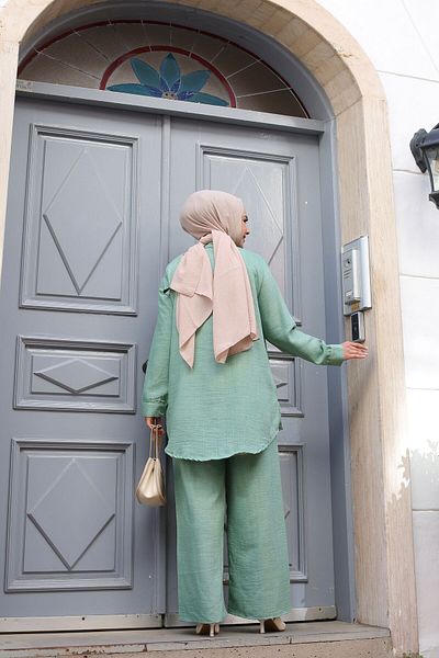 Sfg Life Moda Linen Moon Surface Long Double Pants Set - Hijab Sleeve and Cuff Collar