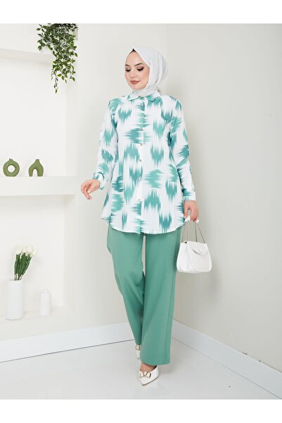 moda periy Kadın Fırça Desenli Tunik Pantolonikili Takım Tesettür Kombin