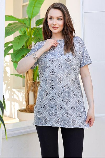 Bestenur Ethnic Patterned Gray Short Sleeve Tunic 870