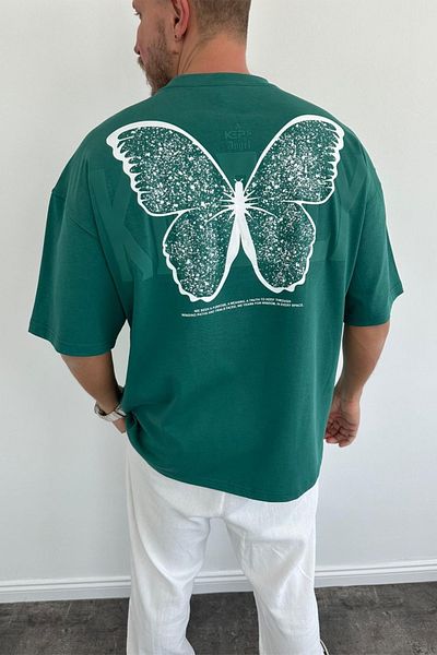 MADZEYMODA Πράσινο μπλουζάκι Oversize - Crew Neck, Back Printed Ανδρικό