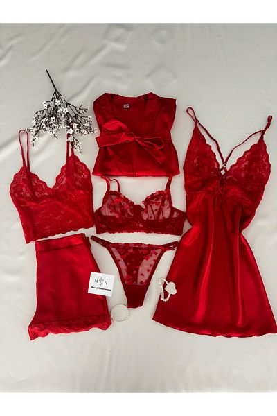 MH Moony Homewears Best Concept 6-Piece Satin Pajamas Set - Nightgown and Dressing Gown Lingerie Dowry