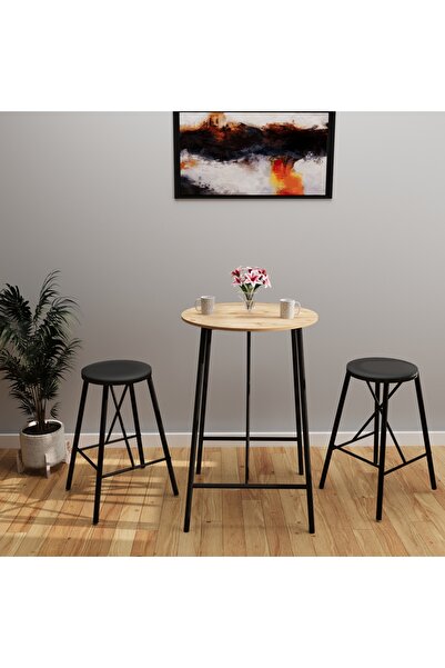 eportatif Atlantik Çam Döşemeli Siyah Bar Taburesi Seti Masası Mutfak Oval 2 ...