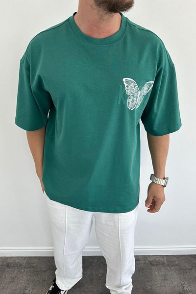 MADZEYMODA Πράσινο μπλουζάκι Oversize - Crew Neck, Back Printed Ανδρικό