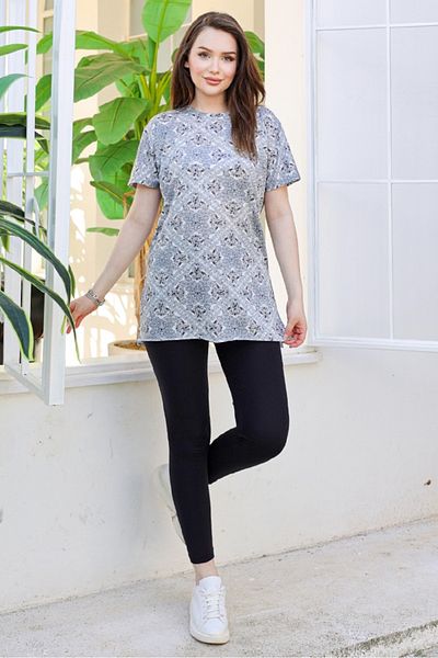 Bestenur Ethnic Patterned Gray Short Sleeve Tunic 870