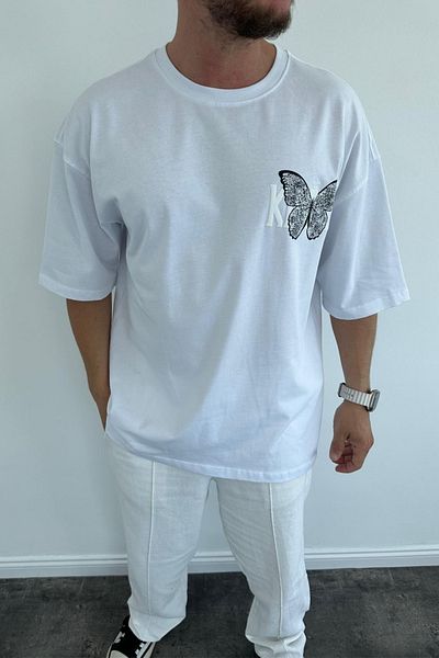 MADZEYMODA Λευκό μπλουζάκι Oversize - Crew Neck, Back Printed