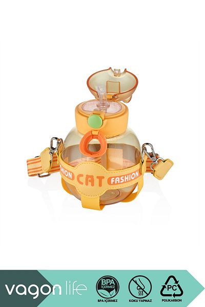 Vagonlife 720ml Cute Cat - Polycarbonate Children's Water Bottle with Silicone Straw, Case and Strap