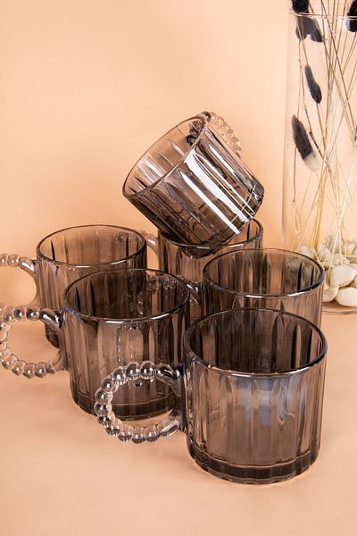MODA OZY 6 Pieces Smoked Glass Colored - Beaded Handled Cup Kupu Tea Coffee Soft Drink Set