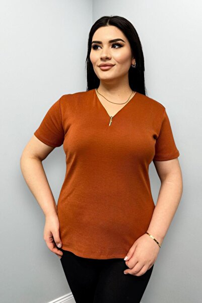 Siyezen Plus Size Zip Short Sleeve Cotton Blouse