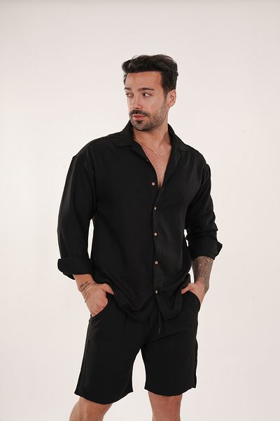 SCSARVİN Black Linen Shorts Set - Bottom and Top Set TK